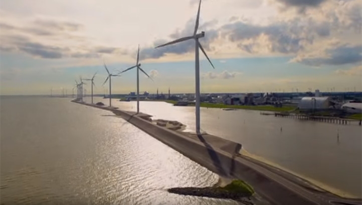 An artist's impression of how the wind farm and hydrogen facility (right) could look in 2030. Image: Shell Nederland